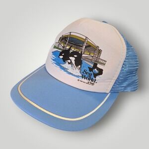 VTG Sea World Of Texas 1988 Trucker Hat Blue Mesh Snapback Foam 80 Orca SportCap